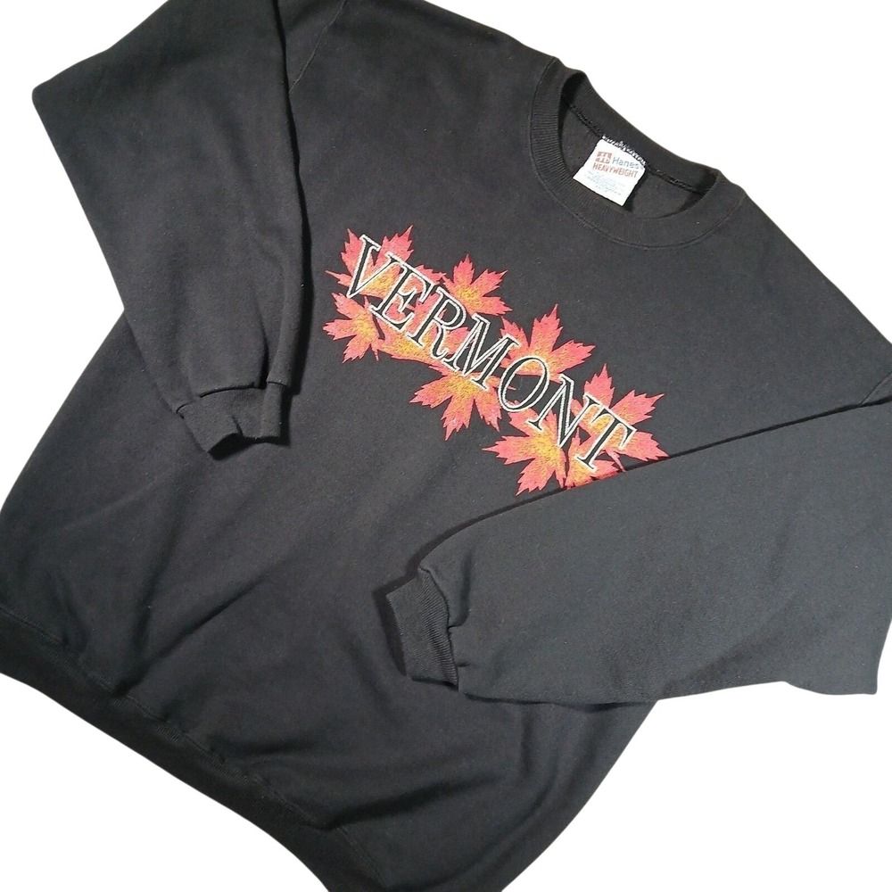 Vintage Hanes Heavyweight Sweatshirt Large Black Maple Leaf Vermont USA Made